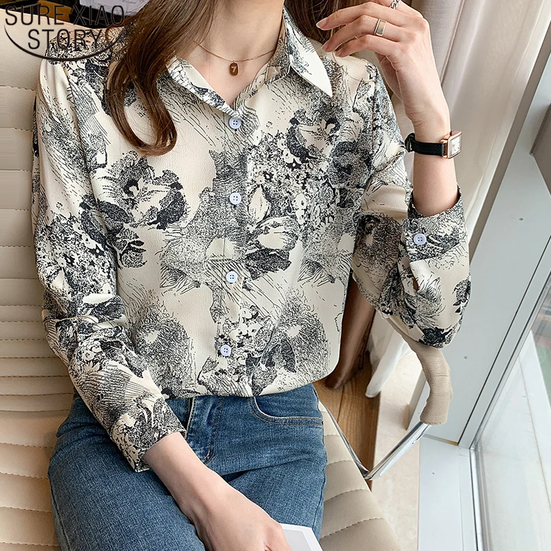 

Vintage Ink Printing Turn-down Collar Button Up Blouse Mulberry Silk Satin Shirt Women Autumn Long Sleeve Clothing Blusas 17912