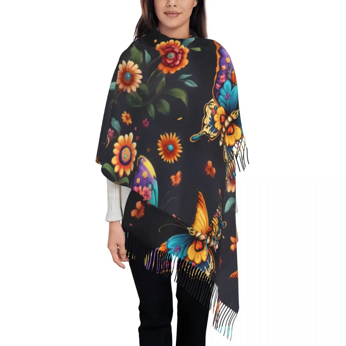 Шарф-бабочка День мертвых для женщин длинные зимне-осенние теплые шаль с