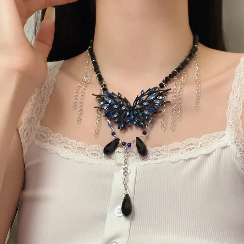 Ожерелья-бабочки Draweye Y2k для женщин винтажные кисточки темно-синие корейские