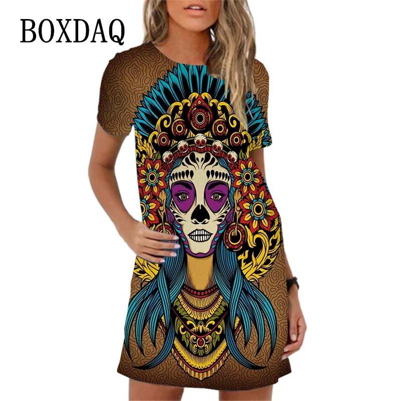 

Винтажное элегантное женское платье с принтом черепа, модные уличные женские платья с коротким рукавом, летнее Повседневное платье-мини большого размера 2023