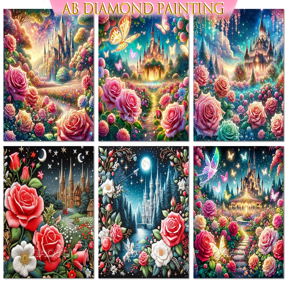 

DIY AB Diamond Painting Rose Castle Full Square Diamond Embroidery Dream House Cross Stitch Rhinestone Set Art Home Decoration
