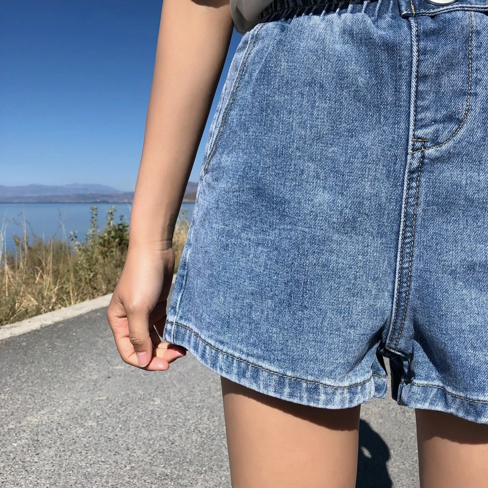 Женские джинсовые шорты с высокой эластичной талией черные синие белые розовые