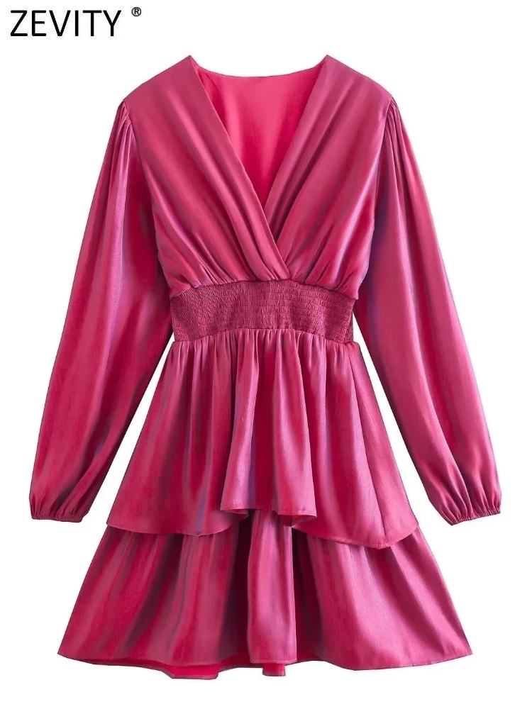 

Zevity Women Fashion Cross V Neck Solid Color Elastic Waist Double Layer Ruffles Mini Dress Female Chic Casual Vestidos DS2726