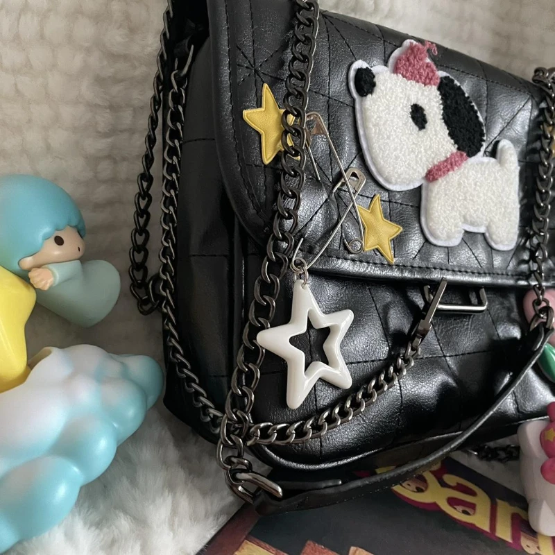 Xiuya Y2k Vintage Women Shoulder Bag Star Dog Printed Embroidery Chain Handbag Trend Fashion Luxury Designer Square Stray Bag