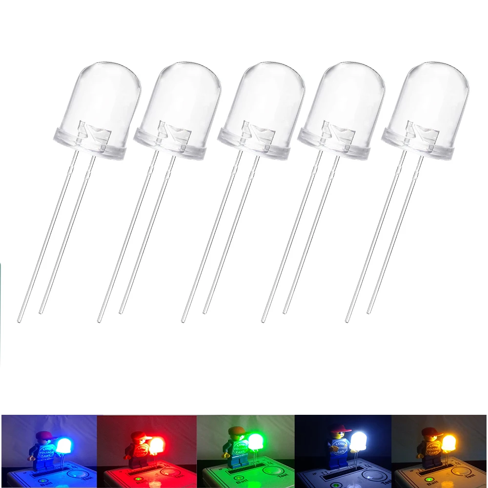 

50PCS 10mm LED Diode Assortment Kit Individual Muticolor Light Emitting Diodes White Red Green Blue Yellow Assorted Bulbs Lamps