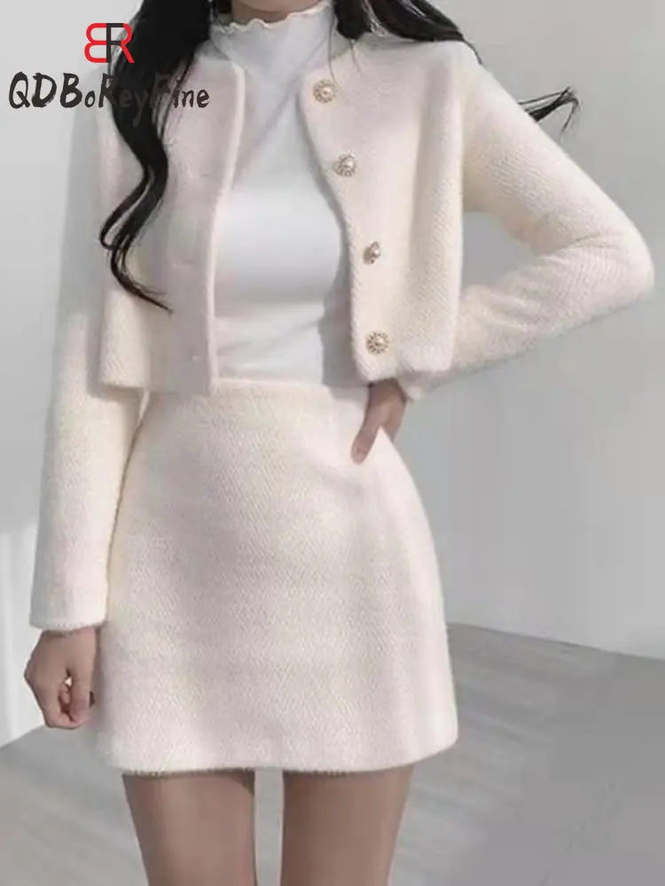 

Skirts Suits for Women 2023 New In Spring Autumn Elegant Korean Fashion Sweet Tweed Coats with Mini Skirt Two-pieces Set Woman