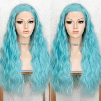 kryssma 13x4 blue synthetic lace front wig long wavy synthetic hair glueless lace wigs with natural hairline high temperature