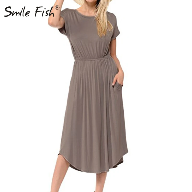 

New Women Vintage Dress Femme Robe Casual Loose Long Sleeve Femme Midi Dress Pockets Solid Dress Pleated Party Chic Robe GV515