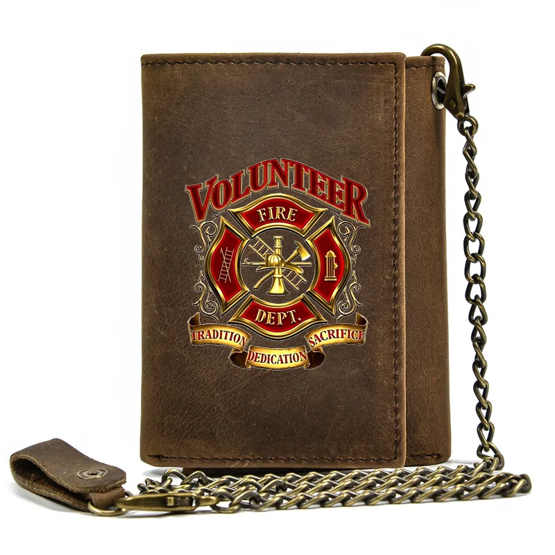 

High Quality Men Genuine Leather Wallet Anti Theft Hasp With Iron Chain Firemen Volunteer Badge Cover Card Holder Short Purse