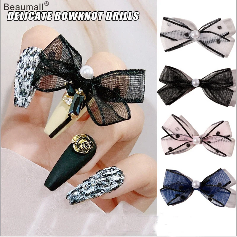 

10pcs/lot 3d Nail Art Fabric Bowknots With Pearls For Nail Tips Decorations