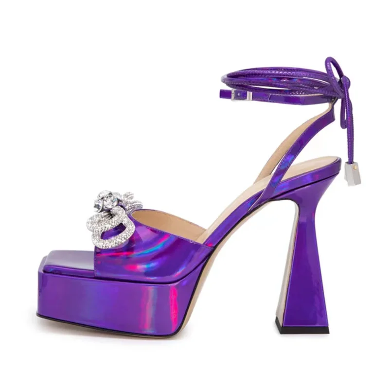 

Women's Sandals 2023 Summer Brand Design Platform High Heel Rhinestone Bow Square Toe Lace Up Sexy Elegant Open Toe Women Pumps