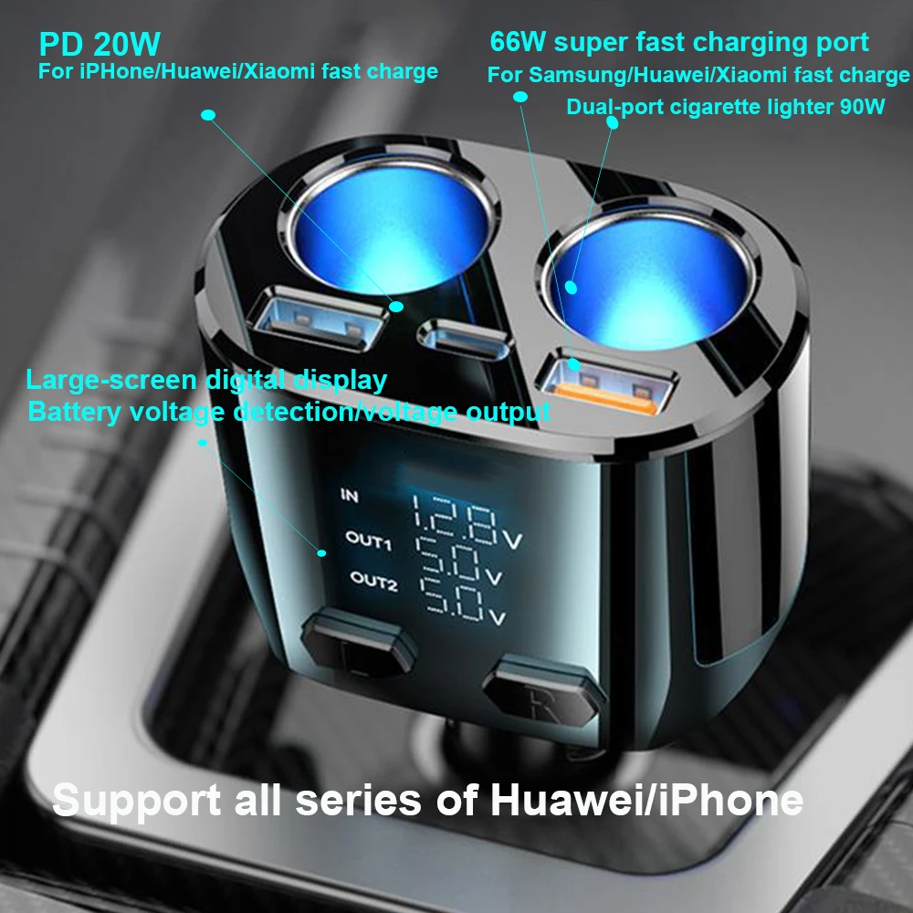 Car Charger 155W Cigarette Socket 90W LED Display Type-C PD20W Quick Charge USB 66W Super Fast Charge For IPhone Samsung Xiaomi
