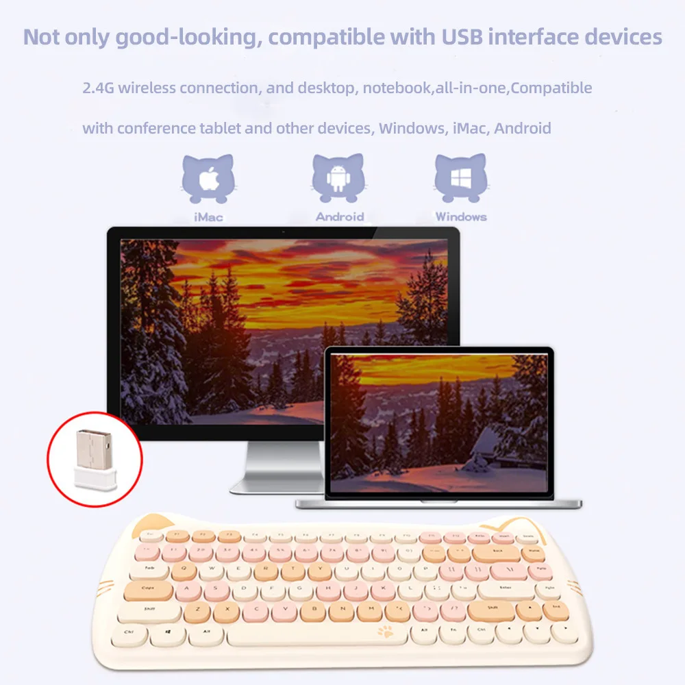 2.4G Cut Cat Wireless Keyboard Mouse Set Mixed Candy Color Roud Keycap Gaming Keyboard Mouse Set for Laptop PC Girls Gift enlarge