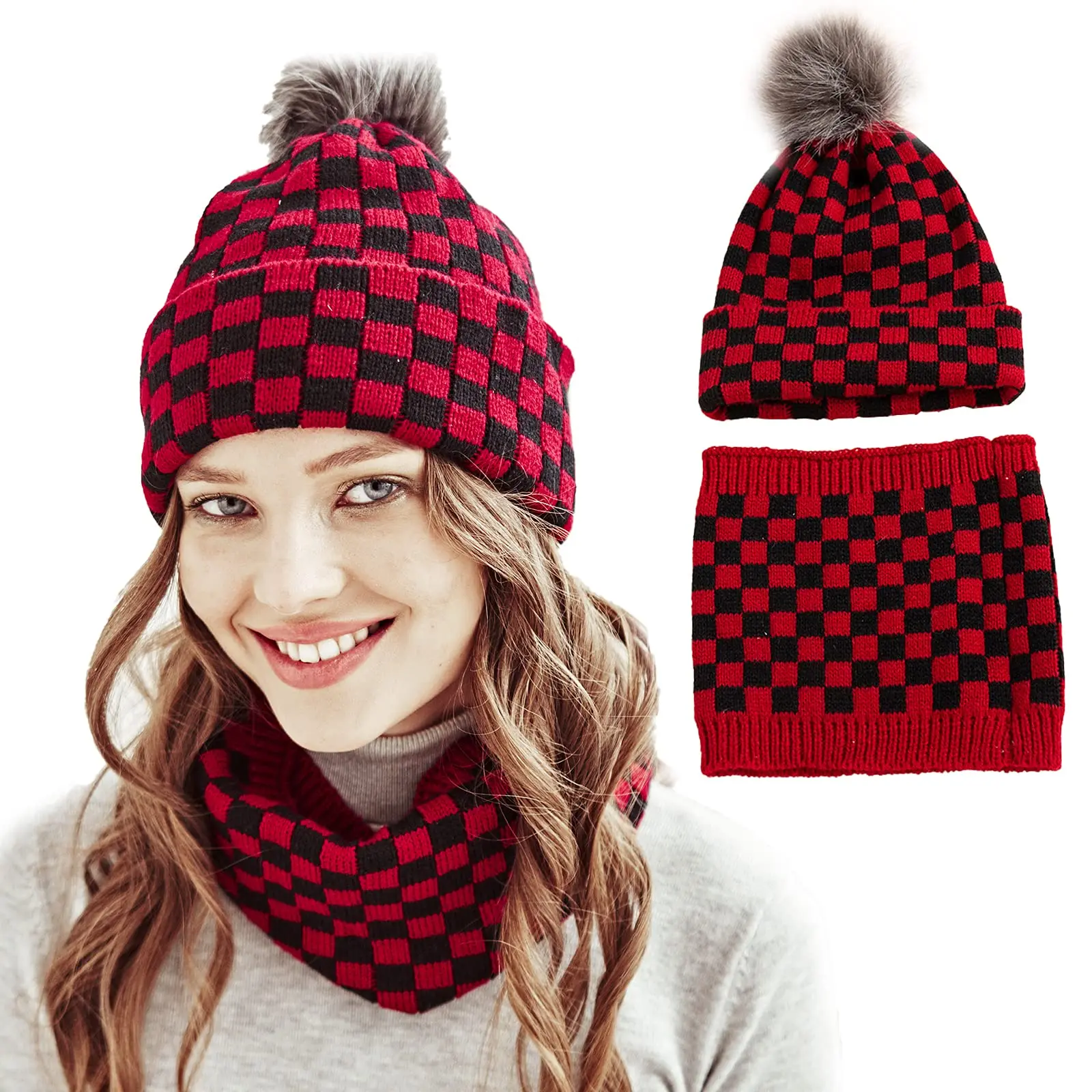 Новинка 2022 Женский комплект из шапки и шарфа в клетку Зимняя Шапка-бини с