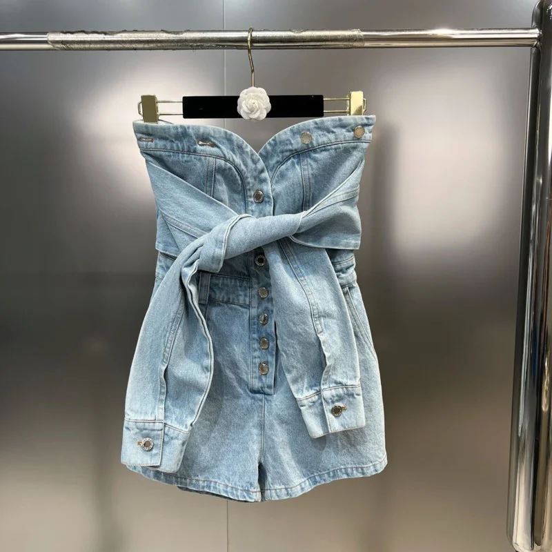 

PREPOMP Denim Personality Playsuits Single-breasted Blue Sleeveless 2023 Summer New Street Sleeve Bandage Romper GK278