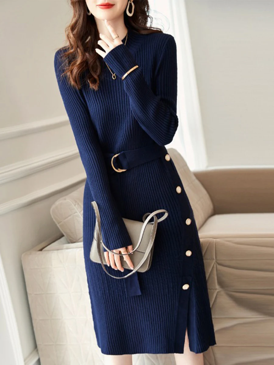 

2022 Fashion Women Knits Dress Casual Long Sleeve Solid Color Pullover Round Neck Patchwork Spring Fall A-line Dress For Ladies