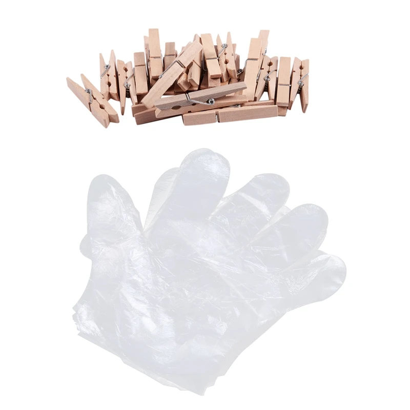 

Hot SV-24X Wooden Clothes Pins Pegs Hanging Clips & 100 Pcs Flexible PE Disposable Gloves Clear Transparent