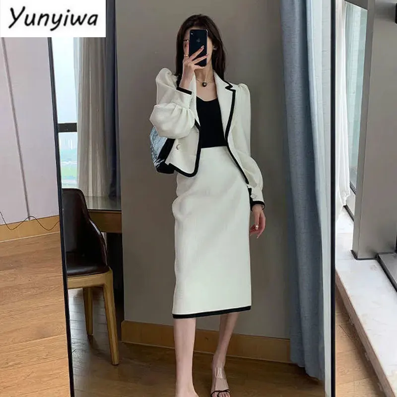 

White Casual Waffle Blazer Outfits Office Lady Elegant Two Piece of Long Sets Sleeve Shorts Coat and Midi Straight Skirts Suit