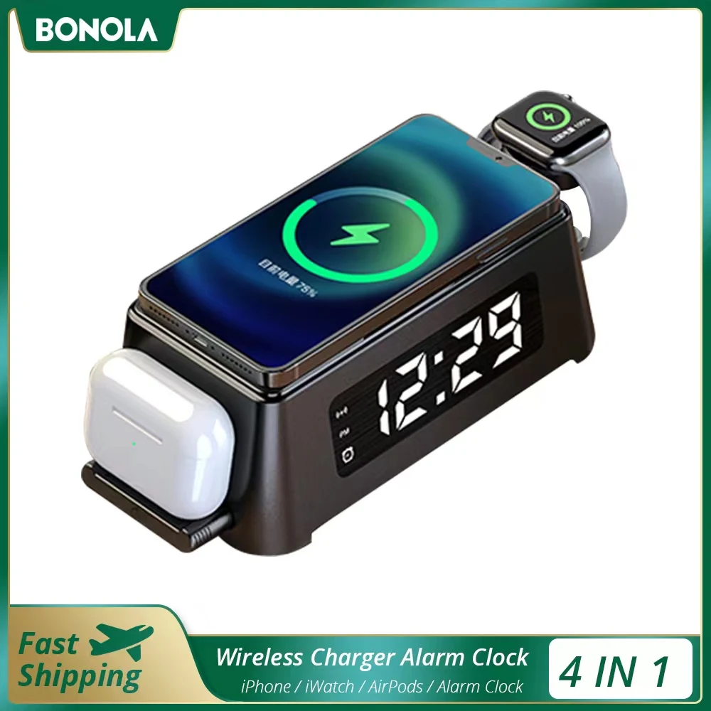 bonola 15w qi alarm clock wireless charger pad for appleiphone 12 11 xs xr 8 plus charger for apple watch 6 5 4airpods 2pro free global shipping