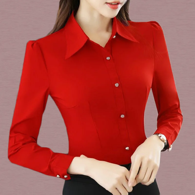 

Fashion Korean Slim Red Office Shirt Autumn Women Lapel Long Sleeve Single Breasted Working Clothes Blusas Elegant Ma'am Top 2XL