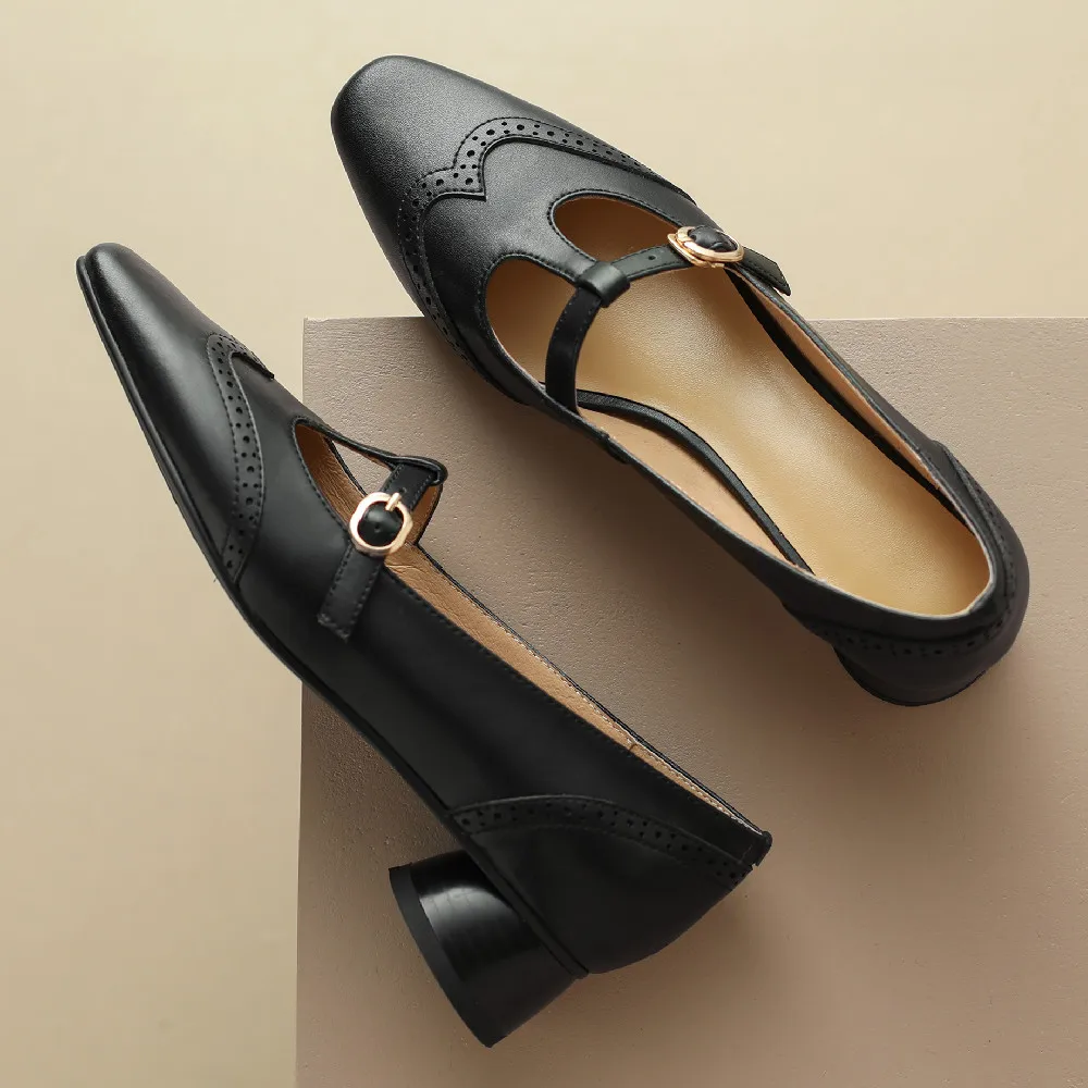 Женские туфли из коровьей кожи на толстом низком каблуке 2023 см с круглым носком и