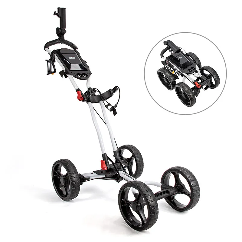 PLAYEAGLE 4 Wheels Golf Push Cart Easy Folding Aluminum Alloy With Fixed-point Umbrella Holder 4-wheel Golf Bag Trolley Cart