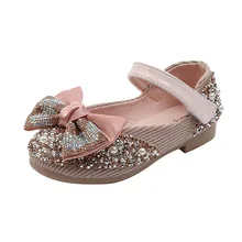 New Children PU Leather Shoes Rhinestone Bow Princess Girls Performance Shoes Baby Student Flats Kid