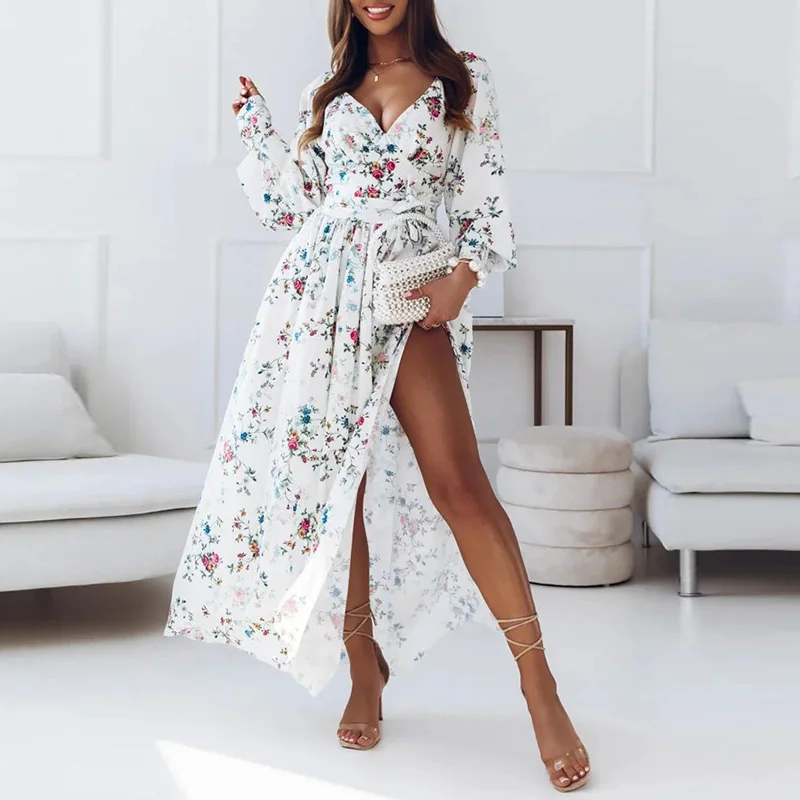 

Elegant V Neck Floral Print Long Sleeve Dress Autumn Chest Wrap Lace-up Pleated Party Dress Spring Sweet Slim Slit Chiffon Dress