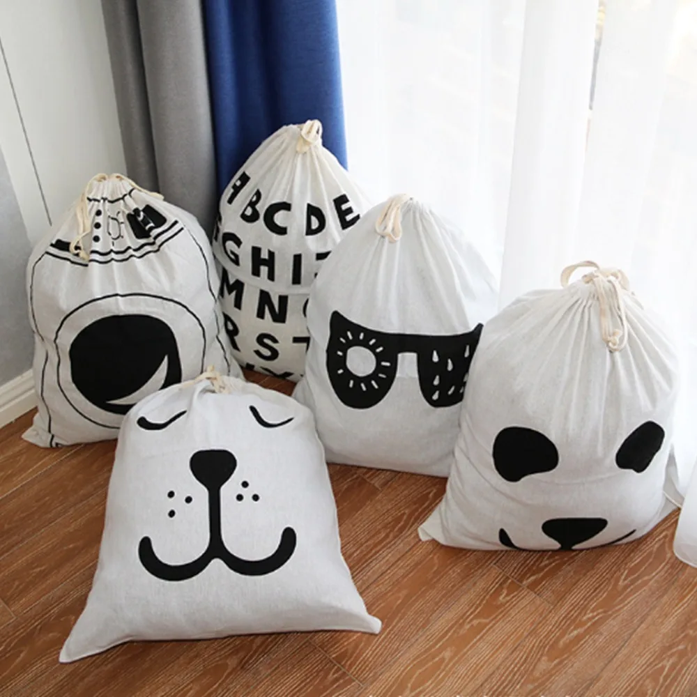 

Home Toy Canvas Storage Bag Animal Stripe Pattern Cotton Laundry Bag Cute Closet Basket Drawstring Dirty Clothes Organizer Bag