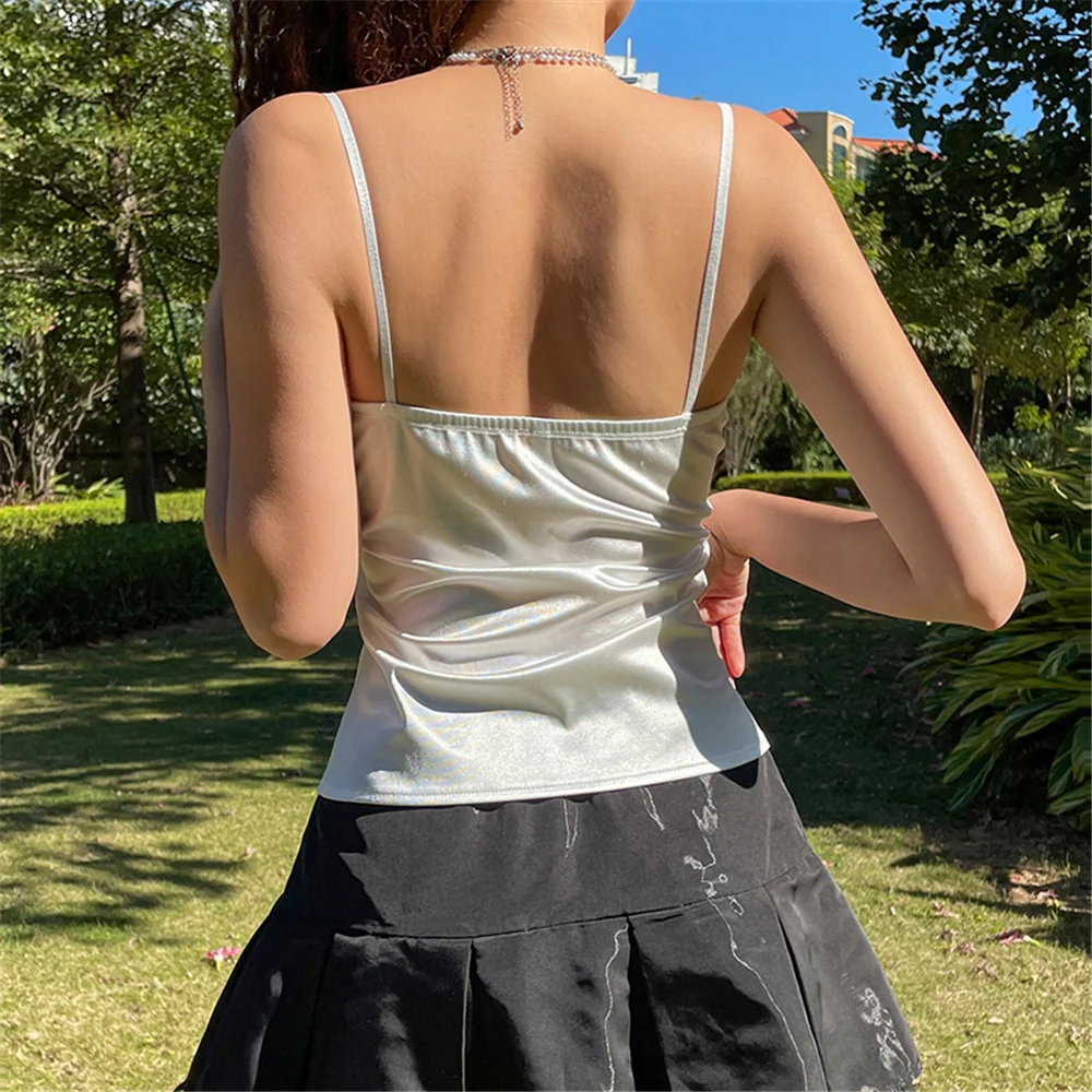 Летний женский атласный укороченный топ без рукавов кружевной Облегающий на