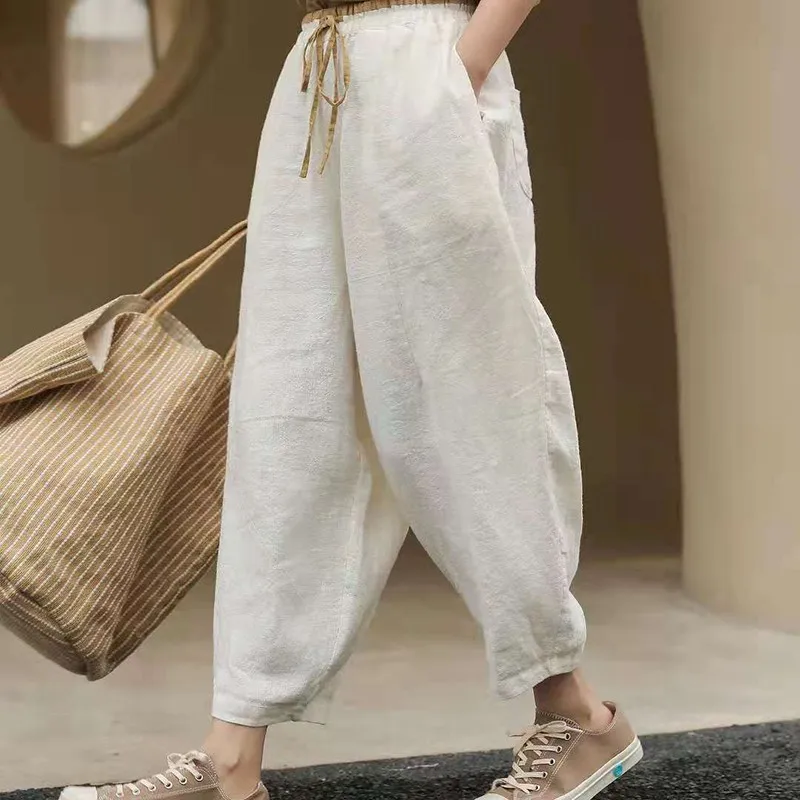 

2021 New Arrival Summer Arts Style Women Loose Casual Elastic Waist Harem Pants All-matched Cotton Linen Ankle-length Pants W339
