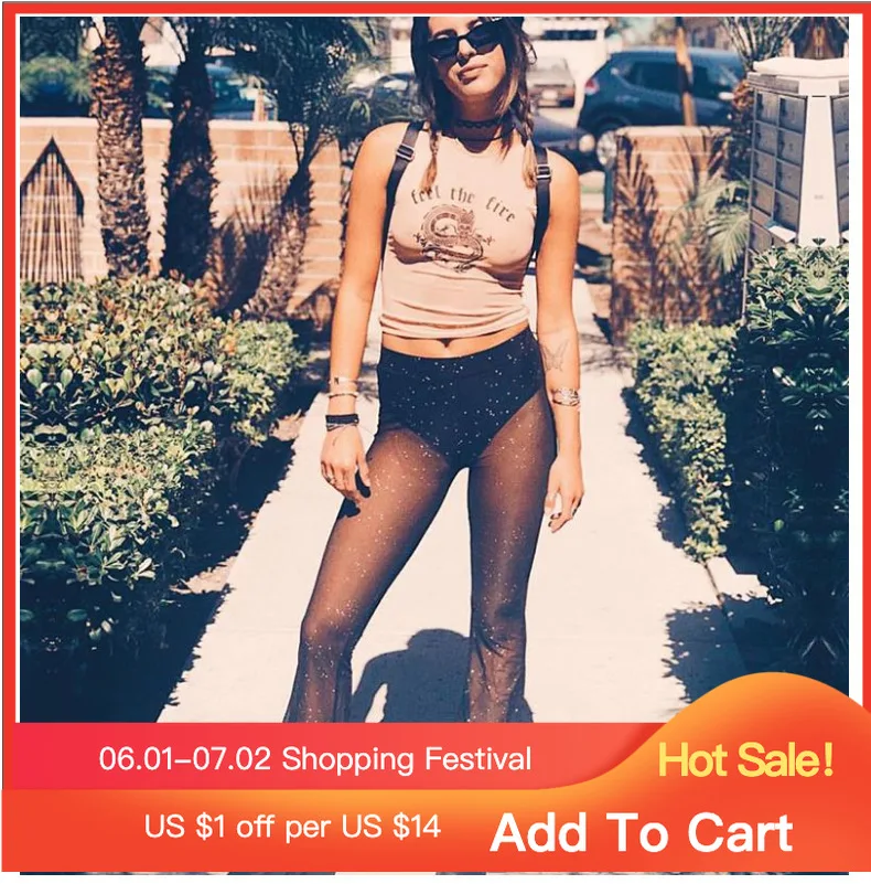 

Black Mesh See Through Beach Bell Bottom Sexy Flare Pants Streetwear Rave Bottoms Sparkly Rhinestone pants women y2k pants
