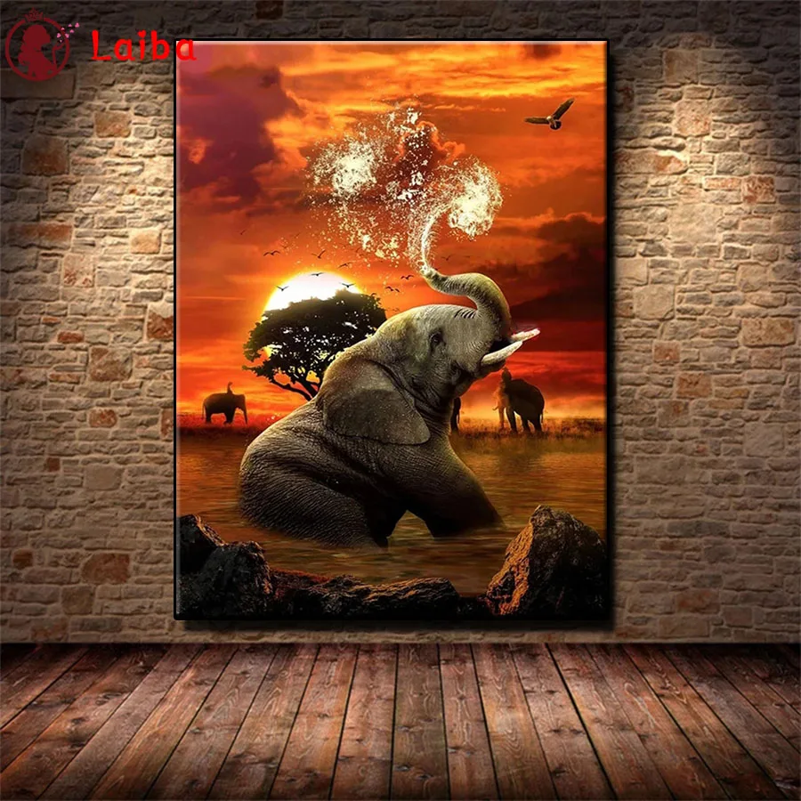 

Diamond Mosaic round drill Sunset African Grassland Animal Elephant Cross Stitch Diamond Art Painting Full Square Decor For Home