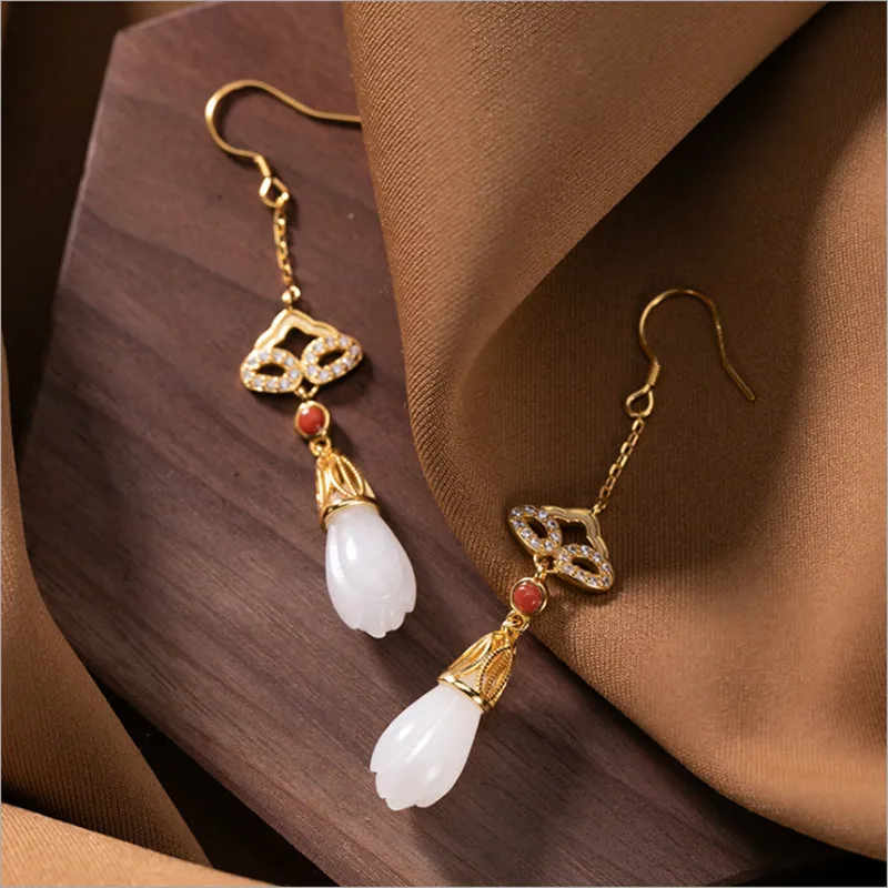 

Uglyless Vintage Hollow Crystals Ethnic Earrings for Women Nature Jade Magnolia Flowers Earrings Gold Brincos 925 Silver Jewelry