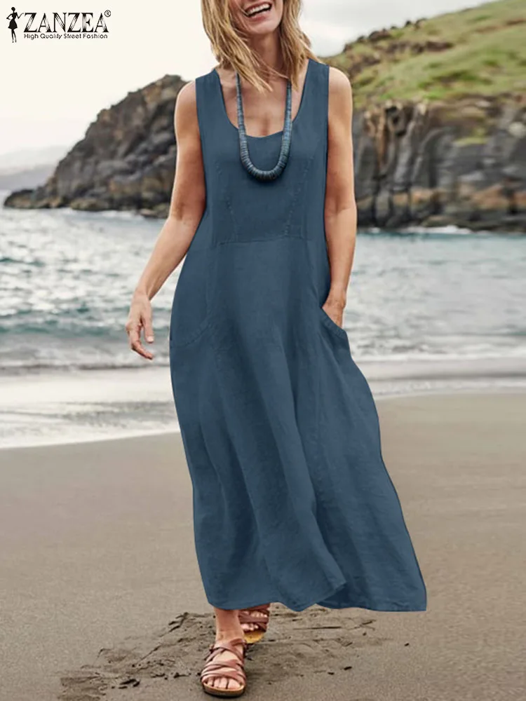 

Платье ZANZEA женское без рукавов, повседневный однотонный свободный сарафан оверсайз, Пляжная мешковатая одежда, лето 2023