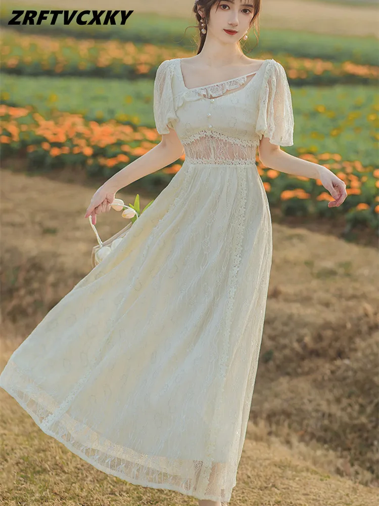 

Summer New Vintage Short Flying Sleeve Dress Women Runway Fashion Beading Hollowed Out Lace Splicing Elegant Long Dresses