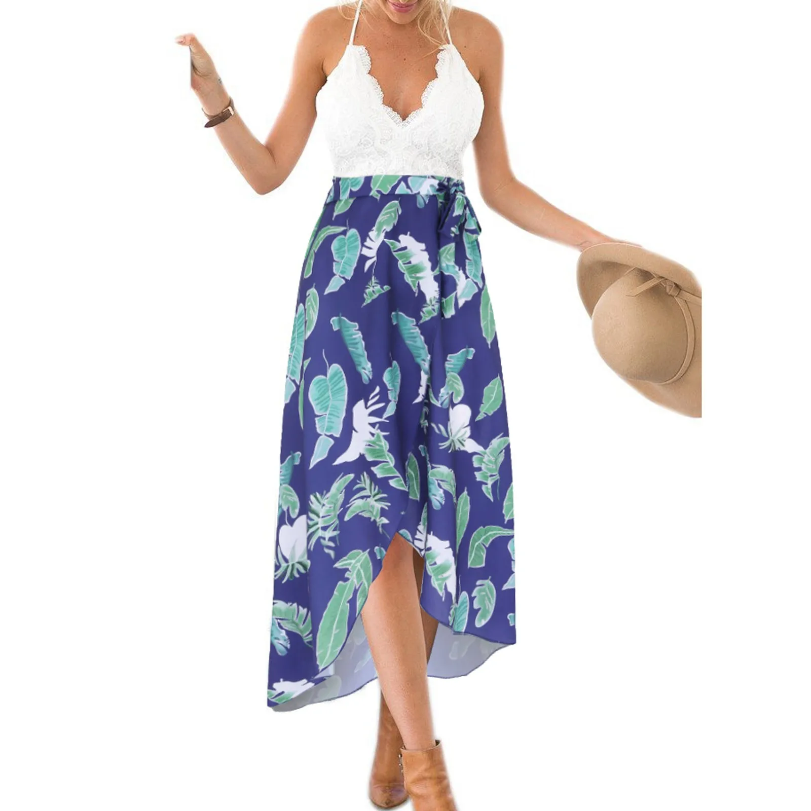 

Sun Dress Party Print Maxi Sexy Backless Floral Dress Deep Women's Split V Neck Women's Casual Loose White Dress Shirt for Women