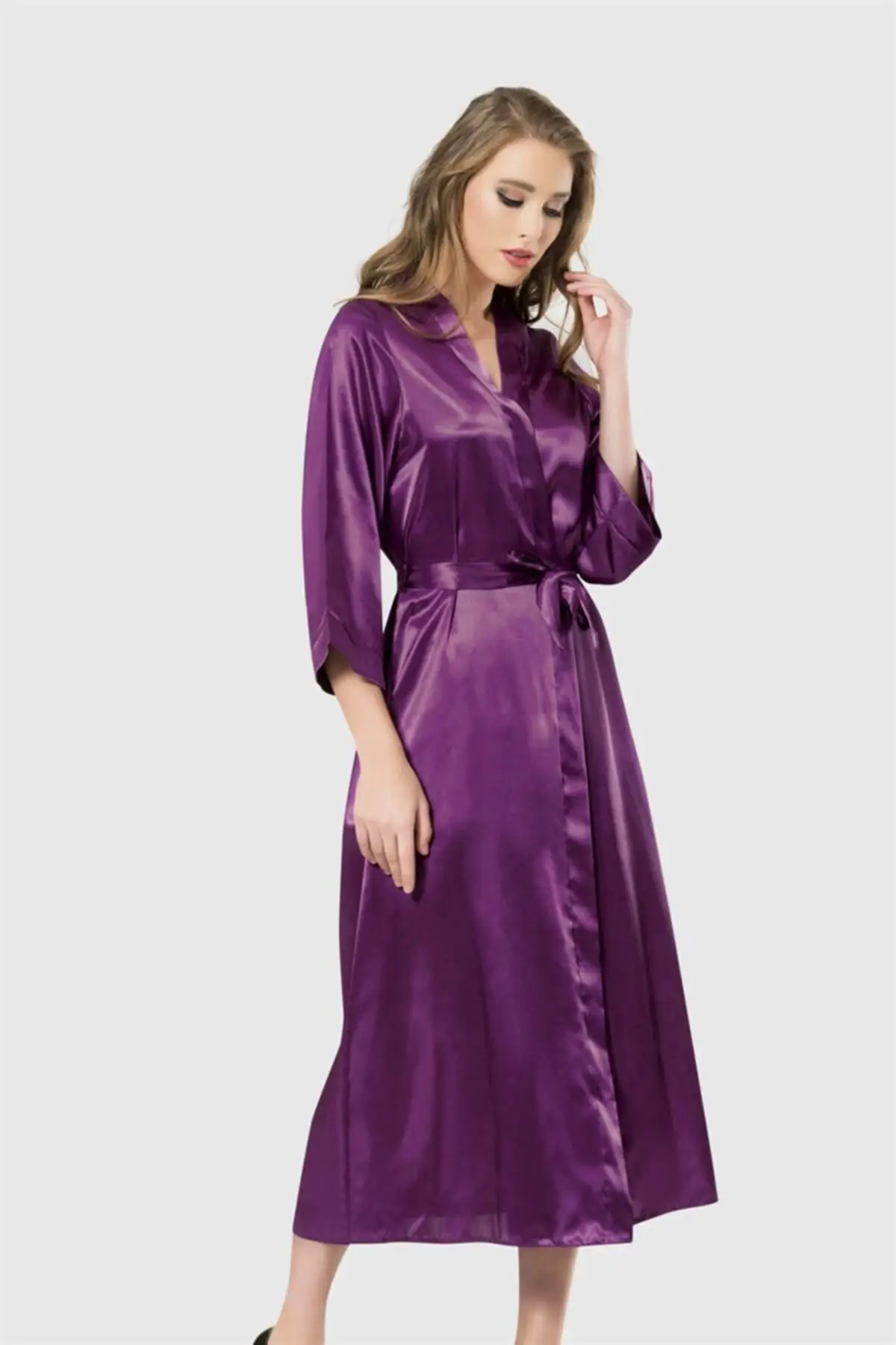 

Long purple satin negligee Dressing Gown