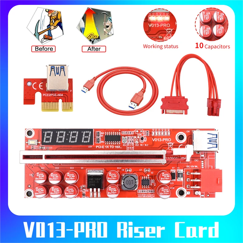 

2022 Новый PCIE Riser 013 Pro GPU Riser PCI-E 16x Riser USB3.0 кабель PCI Express X16 10 конденсаторы дисплей температуры для майнинга