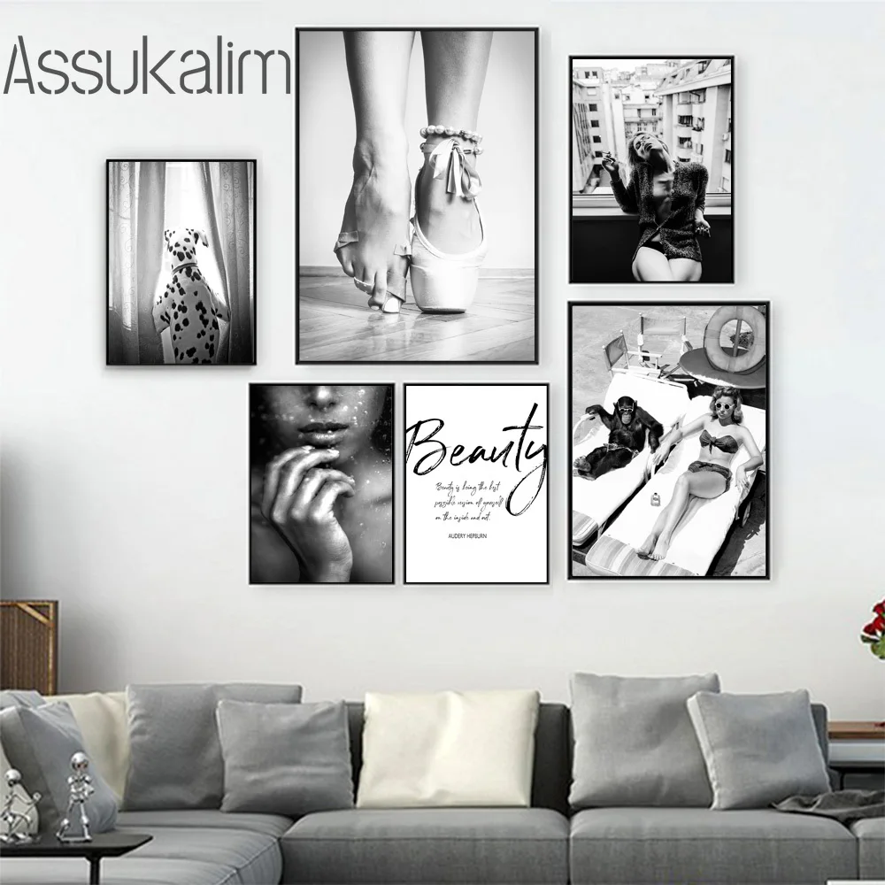 

IBlack And White Poster Sexy Girls Wall Picture Monkey Dalmatian Art Print Ballet Canvas Painting Fashion Wall Art Home Decor