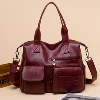 vintage high capacity women casual tote bag 2022 quality leather large luxury handbag multi pocket ladies shoulder crossbody bag