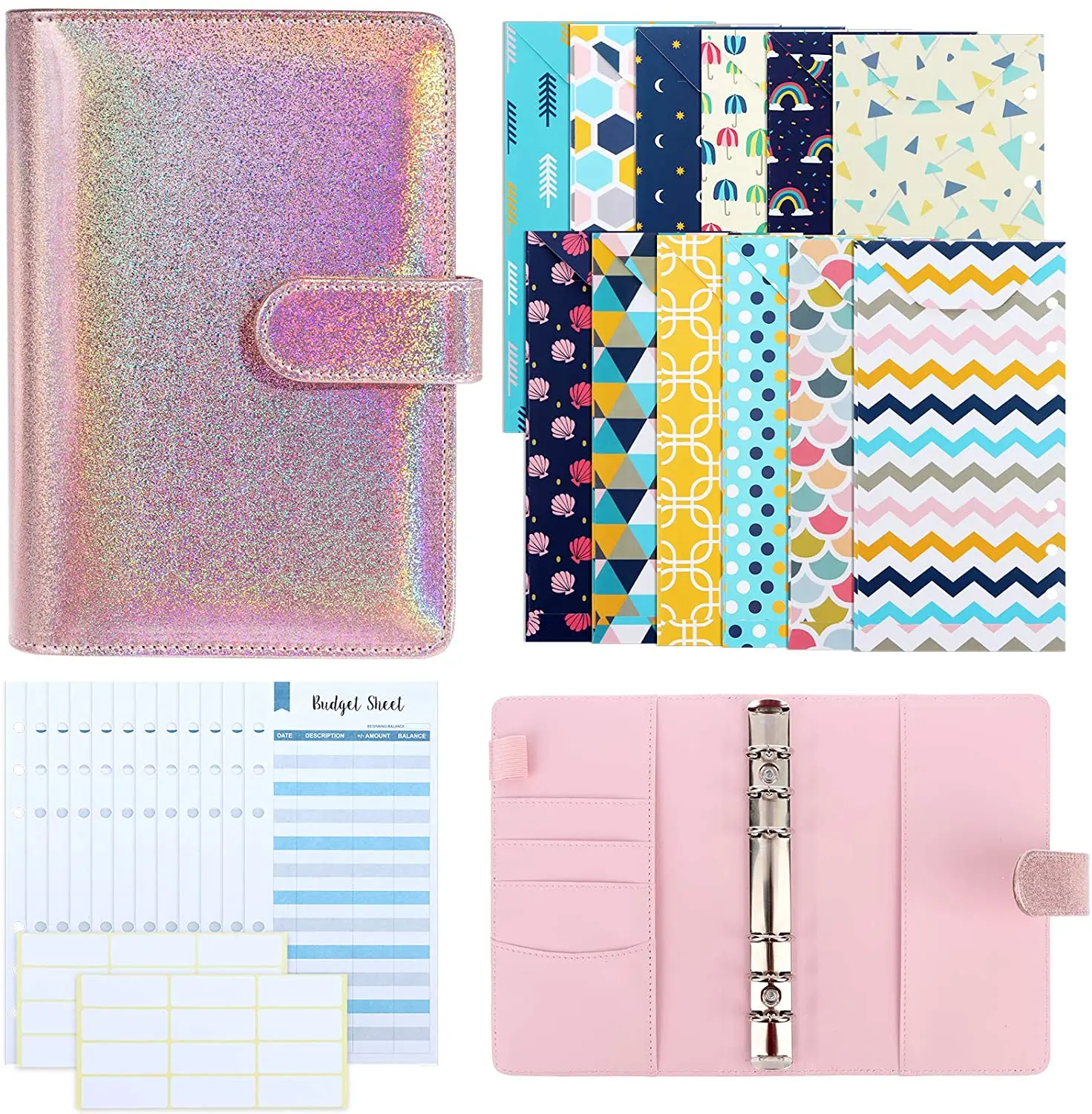 

A6 PU Leather Binder Cover with 12 Pcs Budget Envelopes, 12 Pcs Expense Budget Sheets and 2 Sheets Whiteabels for Daily Home Off