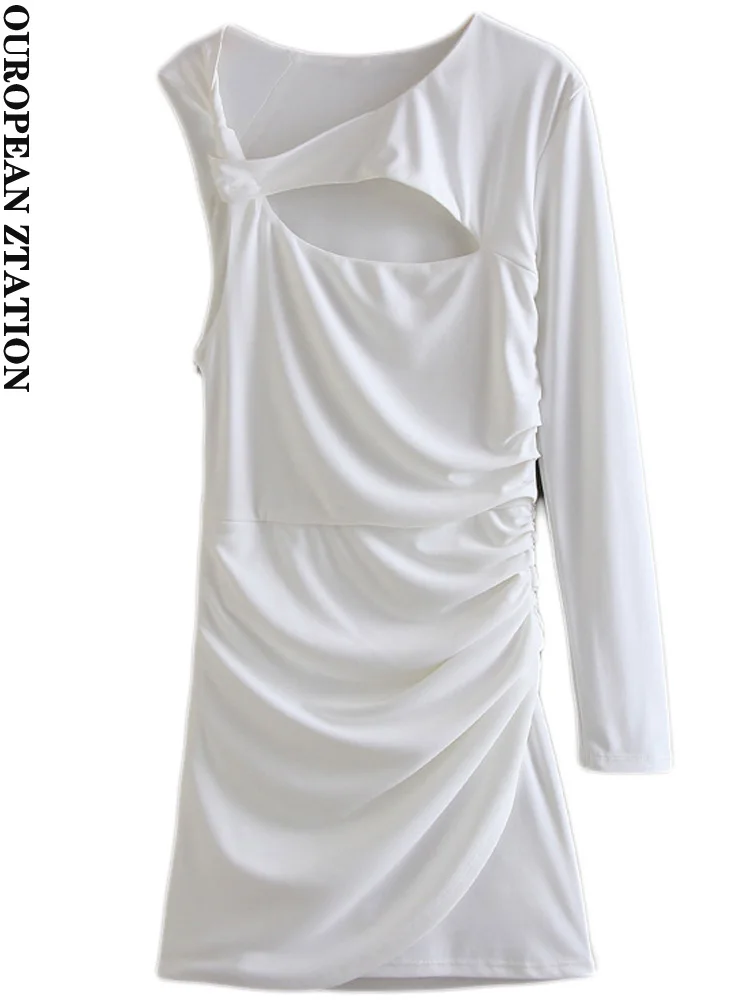 

PAILETE Women 2023 fashion hollow out pleated asymmetric mini dress vintage one long sleeve side zipper female dresses vestidos