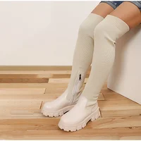 COZOK Over The Knee 2022 Spring and Autumn Stitching Knitted Vertical Pattern Fashion Platform Boots Socks Shoes Women's Boots