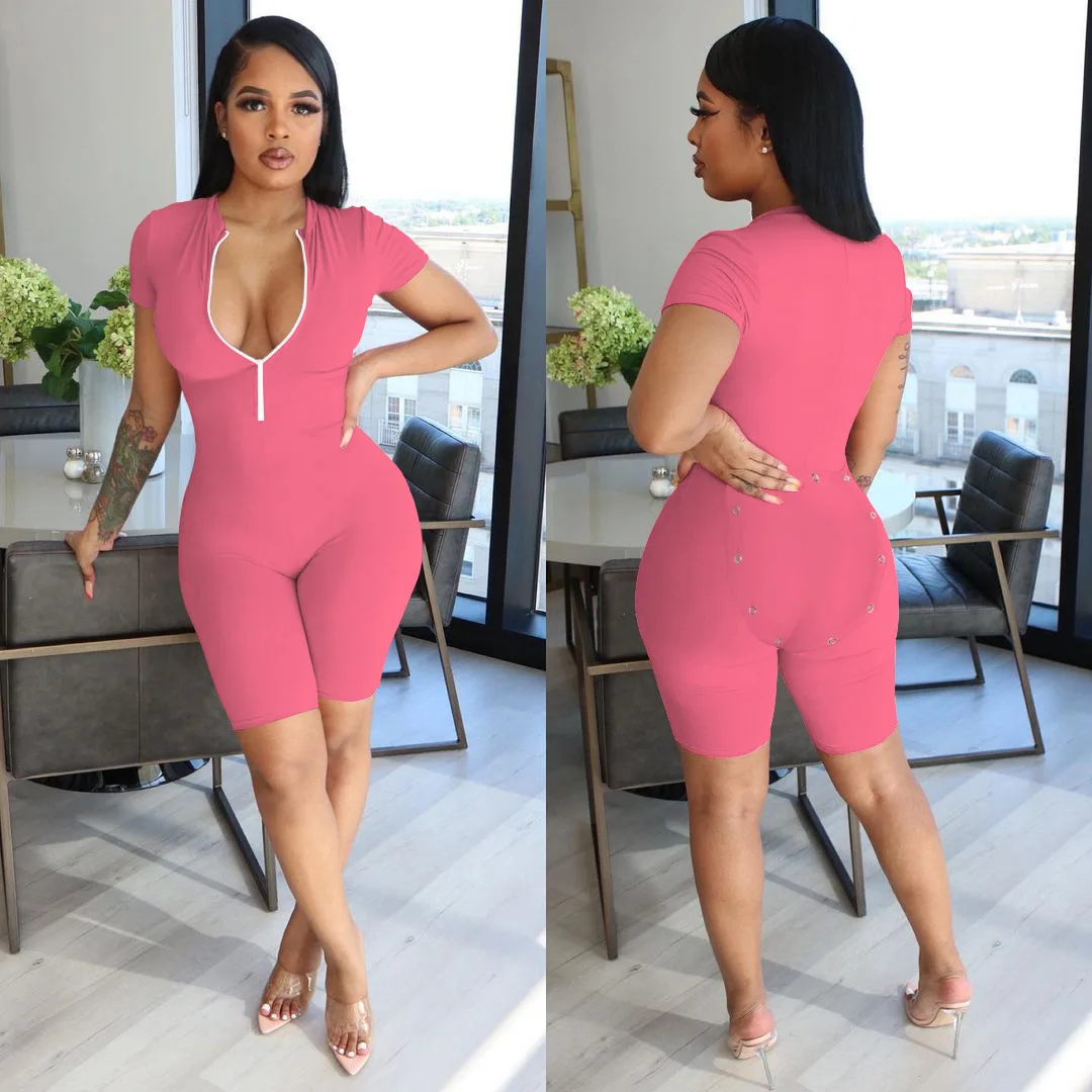 Casual Women Jumpsuit Deep V-neck Solid Color Short Sleeve Skinny Slim Bodysuit Romper Women Jumpsuit Overalls