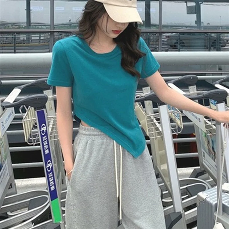 

Irregular T-shirt Women's Short-sleeved Summer New Solid Color Slimming Design Top Slim Temperament Small Shirt