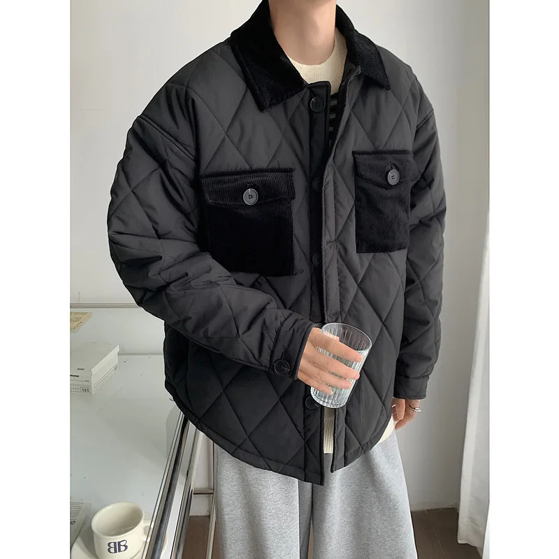 Winter Jacket Men Warm Fashion Corduroy Casual Thick Plaid Jackets Men Korean Loose Short Coat Mens Parker Clothes M-2XL