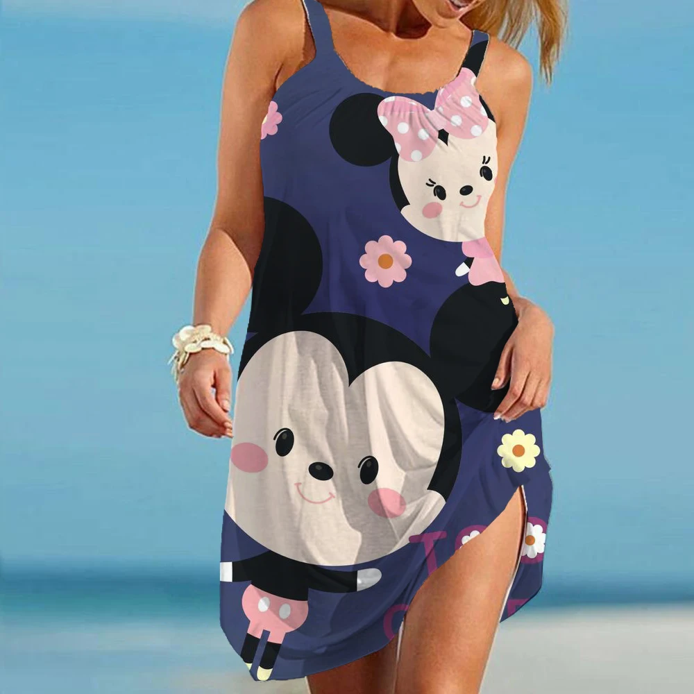 Summer Open Back Robe Sexy Women Short Beach Dress Loose Cute Minnie Print Mini Dress Sleeveless Disney Cartoon Dress