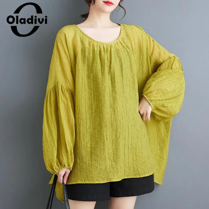 

Oladivi Large Size Solid Color Long Sleeve Blouses Women Casual Loose Shirts 2023 Spring Autumn New Oversized Top Blusa 6XL 1066