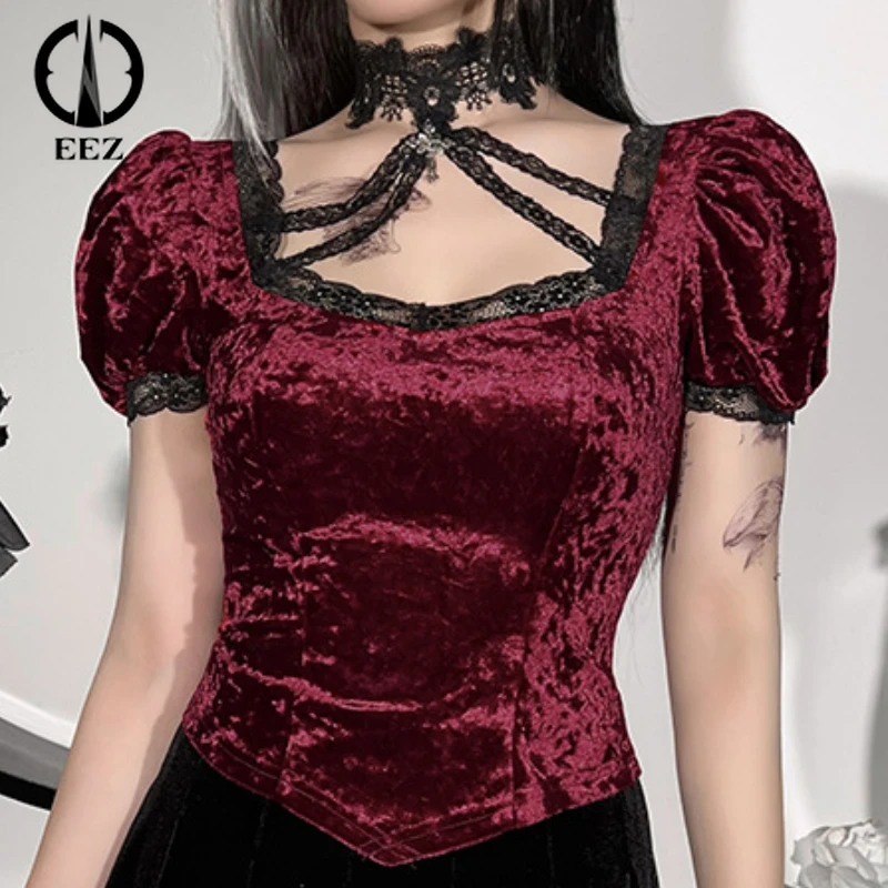 

【Lace Halterneck】Puff Sleeves Black Velvet Women T Shirts Vintage Lace Trims Asymmetrical Top Summer E Girl Sexy Tee Slim Shirts